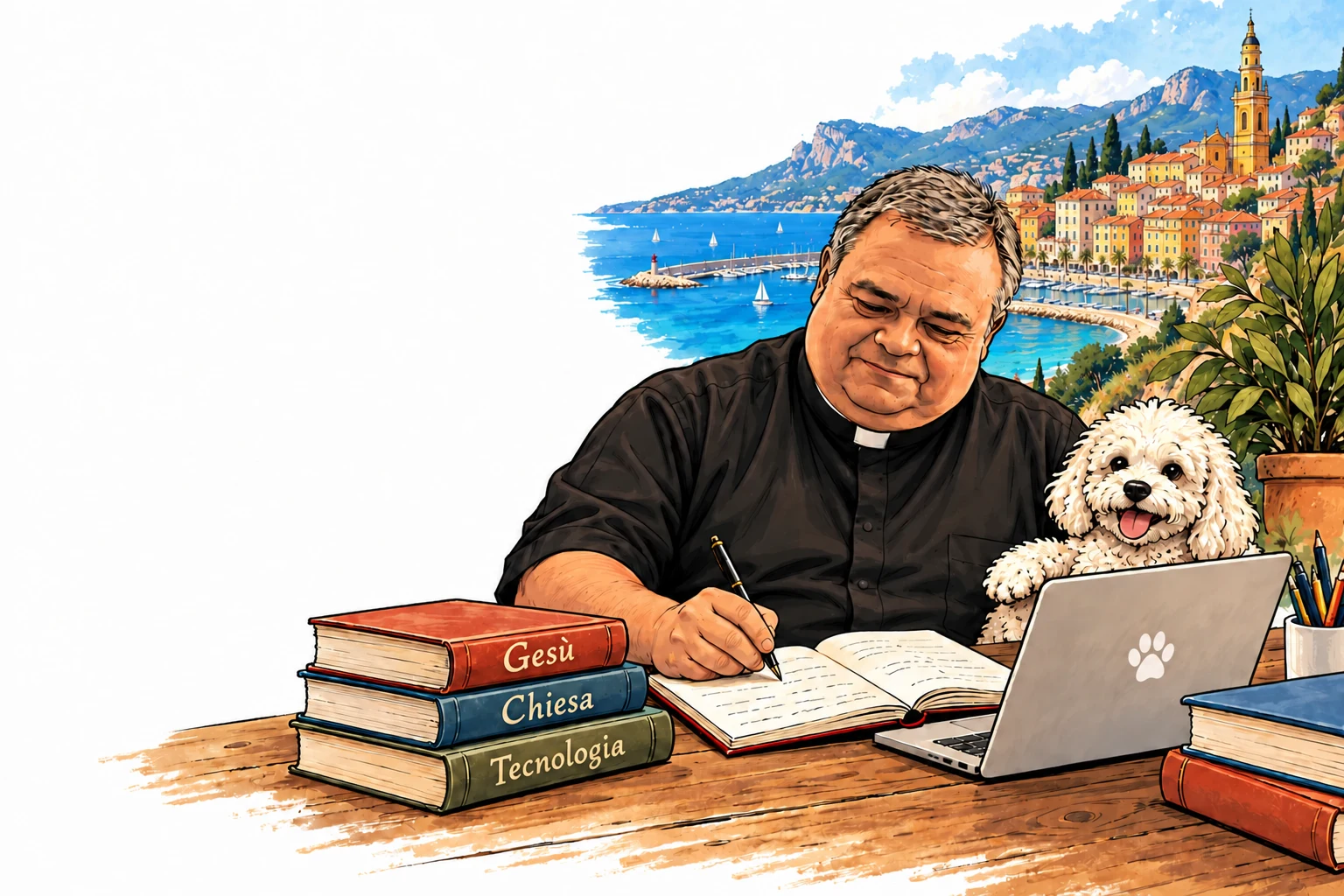 Don Diego scrive alla sua scrivania, tra libri e computer, con il barboncino bianco Hulk e il panorama da Grimaldi verso Mentone alle loro spalle